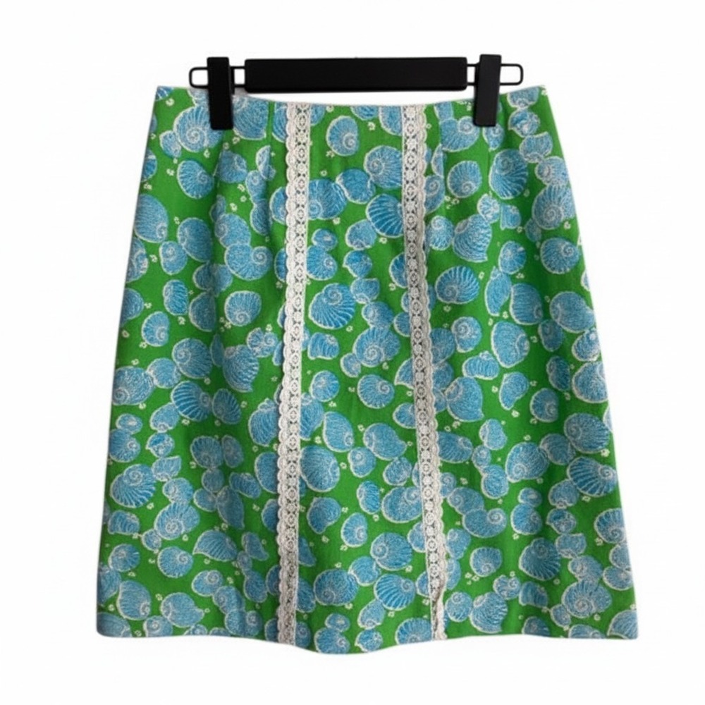 Key West Fashions Vintage Seashell Print Mini Skirt Green Blue Lace Trim Womens